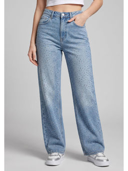 MIXT by Nykaa Fashion - Women Light Blue Relaxed Fit Stretchable Rhinestones Jeans