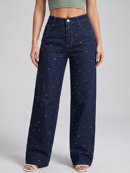 MIXT by Nykaa Fashion - Women Navy Blue Straight Fit Stretchable Rhinestones Jeans
