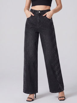 MIXT by Nykaa Fashion - Women Black Wide Leg Rhinestones Jeans