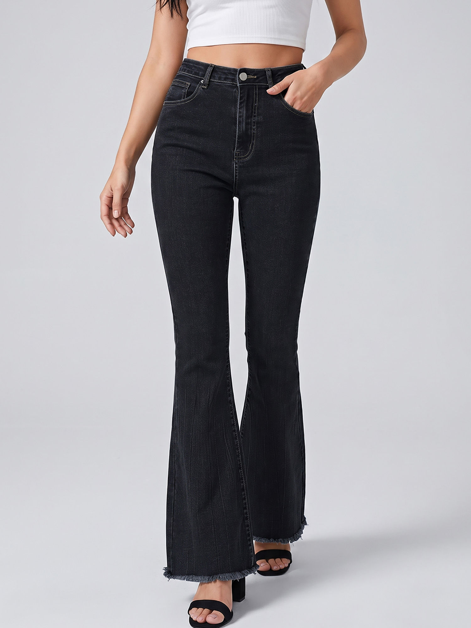 Women Black Solid Denim Boot Cut Jeans-picture-13