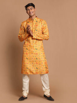 Vastramay - Men Yellow & Cream Cotton Silk Kurta Churidar (Set of 2)