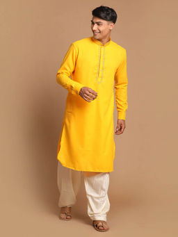 Vastramay - Men Yellow & Cream Cotton Blend Kurta & Patiala (Set of 2)