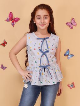 Cutecumber - Girls Blue Printed Sleeveless Peplum Top