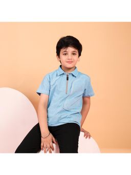 Lazy Cub - Zipper Collar Blue Casual Polo T-shirt