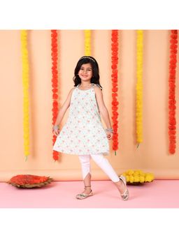 Lazy Cub - Mint Green Floral Kurta with White Dhoti