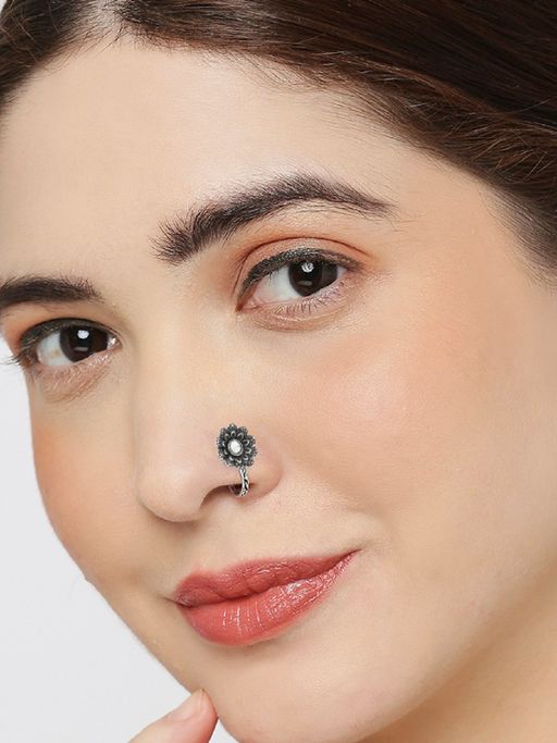 Buy OOMPH Oxidised Silver Floral Traditional Nose Ring Nose Pin