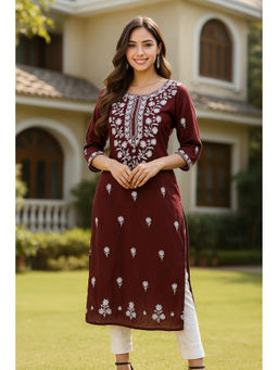 VAIRAGEE - Maroon Embroidered Straight Khadi Cotton Kurta