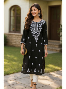 VAIRAGEE - Black Embroidered Straight Khadi Cotton Kurta
