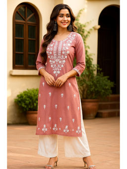 VAIRAGEE - Pink Embroidered Straight Khadi Cotton Kurta