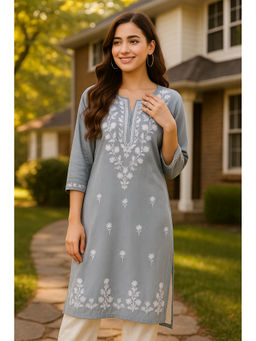 VAIRAGEE - Grey Embroidered Straight Khadi Cotton Kurta