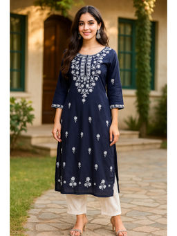 VAIRAGEE - Blue Embroidered Straight Khadi Cotton Kurta