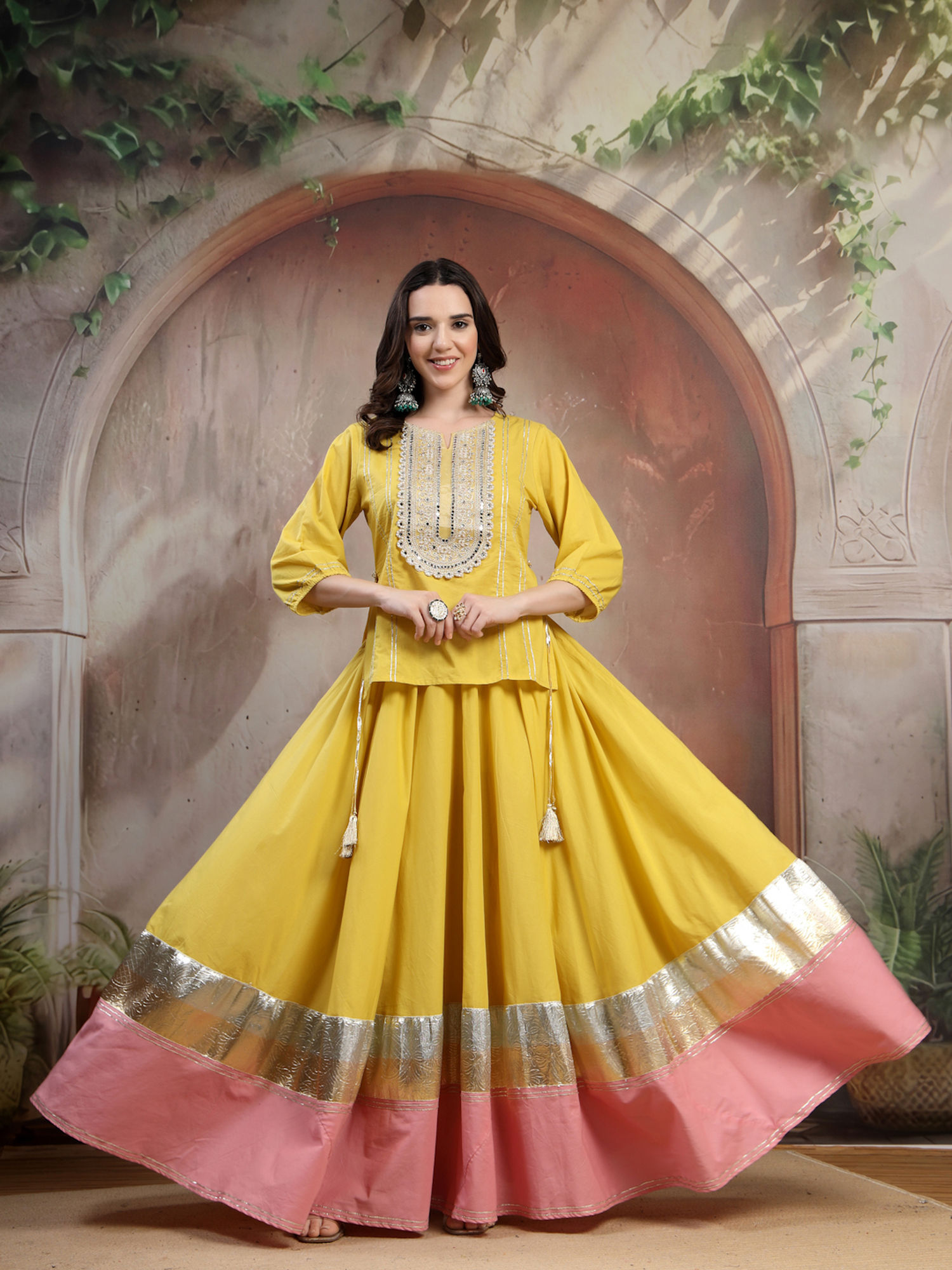cotland fashion Cotton Yellow Embroidered Top and Skirt-picture-37