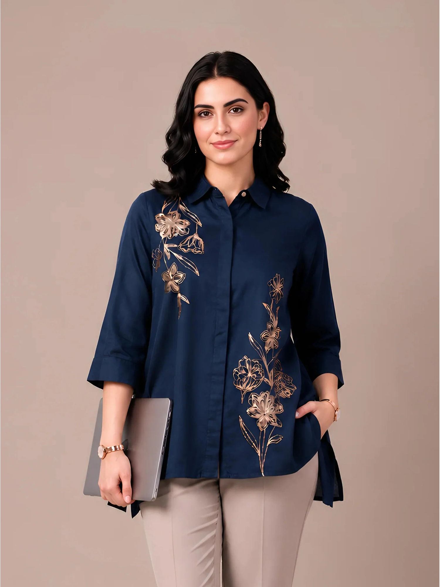 Navy Blue Modal Satin Floral Short Kurti-image-15