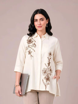 Barara Ethnic - Off White Modal Satin Floral Short Kurti