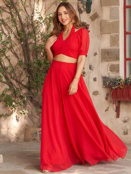 Lavanya The Label - Tomato Red Crop Top with Skirt (Set of 2)