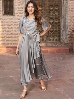 Lavanya The Label - Grey Peplum Top with Pant (Set of 2)