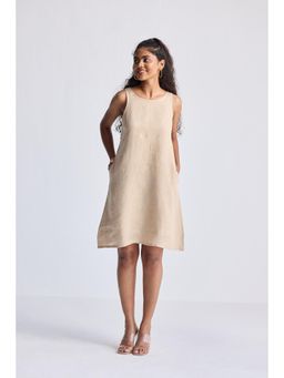 Reistor - Beige Hemp Short Dress With Back Embroidered Lace Detail