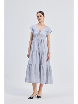 Reistor - Grey Midi Tiered Dress With Front-Ties In Linen Stripes