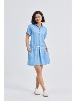 Reistor - Blue Drawstring Denim Shirt Dress With Front Button