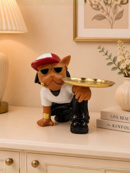 ELARE - Hip-Hop French Bulldog Polyresin Figurine With Gold Metal Tray
