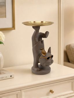ELARE - Grey Polyresin Bulldog Figurine Statue With Gold Tray