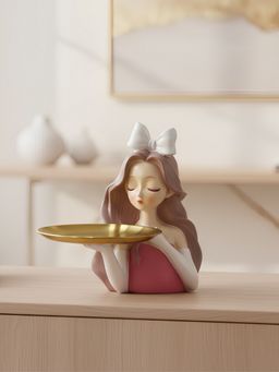 ELARE - White Bow Girl Polyresin Decorative Figurine With Gold Metal Tray