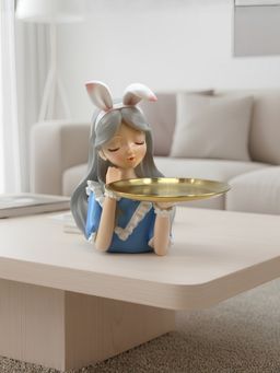 ELARE - Bow Girl Polyresin Decorative Blue Figurine With Gold Metal Tray