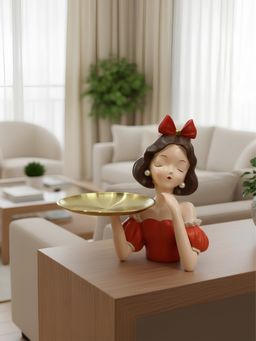 ELARE - Red Bow Girl Decorative Figurine With Gold Metal Tray