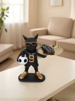 ELARE - Black Bulldog Football Player Figurine With Gold Metal Tray