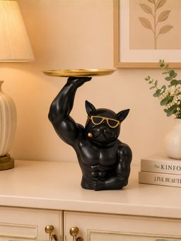 ELARE - Black Polyresin Muscular Bulldog Statue With Gold Metal Tray