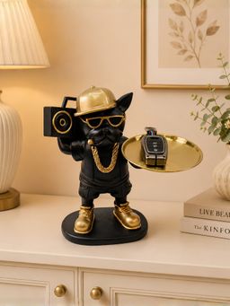 ELARE - Black Hip-Hop Bulldog Polyresin Statue With Gold Metal Tray