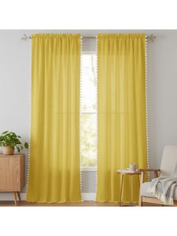 HOMEMONDE - Yellow Cotton Sheer Curtains with Side Pompom (Pack Of 2)