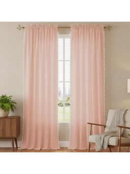 HOMEMONDE - Peach Cotton Sheer Curtains with Side Pompoms (Pack Of 2)