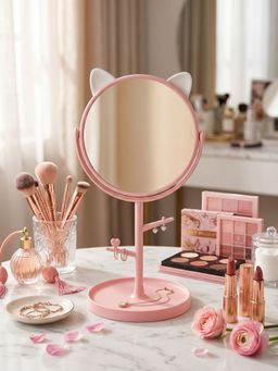 YELONA - Pink Compact Cat-Ear 360degree Rotating Hd Vanity Makeup Mirror With Organizer