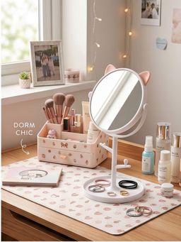 YELONA - White Compact Cat-Ear 360degree Rotating Hd Vanity Makeup Mirror With Organizer