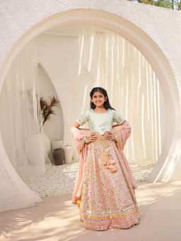 Fayon Kids - Peach Embroidered Choli with Lehenga and Dupatta (Set of 3)