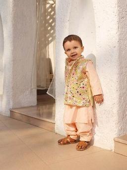 Fayon Kids - Peach Embroidered Jacket with Kurta and Pant (Set of 3)