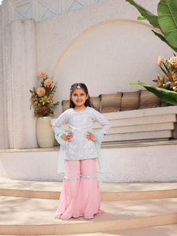 Fayon Kids - Mirror Embroidered Kurti with Sharara and Dupatta (Set of 3)