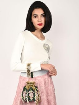 Odette - Green Suede Embroidered Lotus Potli For Women