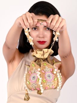 Odette - Beige Suede Embroidered Lotus Potli For Women