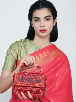 Odette - Red Suede Embellished Clutch With Detachable Strap