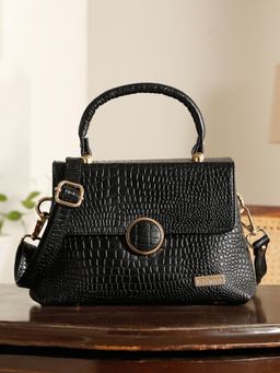 Teakwood - Black Leather Women Hand Bag With Detachable Strap