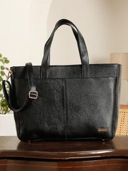 Teakwood - Black Leather Tote Bag With Detachable Strap