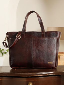 Teakwood - Rasin Brown Leather Tote Bag With Detachable Strap