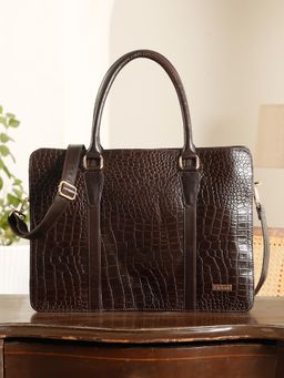Teakwood - Rasin Brown Crocodile Textured Leather Handbag With Detachable Strap