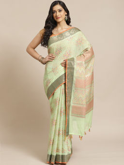 Indethnic - Banarasi Green Woven Design Daily Wear Saree With Unstitched Blouse