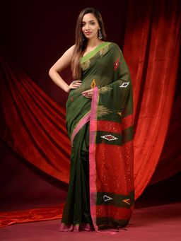 CHARUKRITI - Moss Green Cotton Silk Handwoven Ethnic Motif & Sequin Pallu Saree with Unstitched Blouse