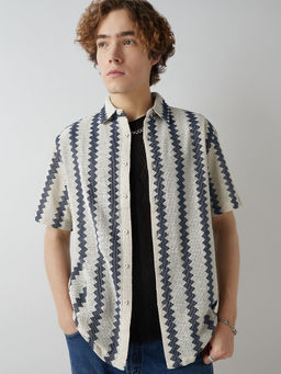 Bewakoof - Men's Off White & Blue Textured Oversized Shirt