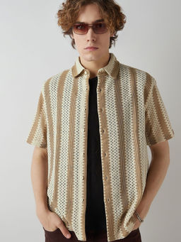 Bewakoof - Men's Beige & Brown Textured Oversized Shirt