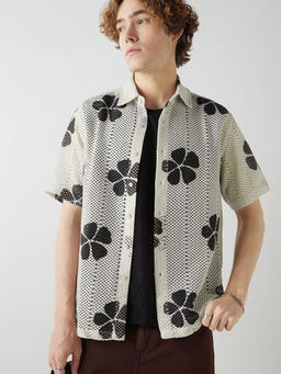 Bewakoof - Men's Beige Textured Oversized Crochet Shirt